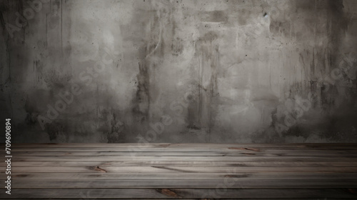 An empty room with a textured weathered concrete wall and wooden floor  illustrating a rustic or industrial design space.