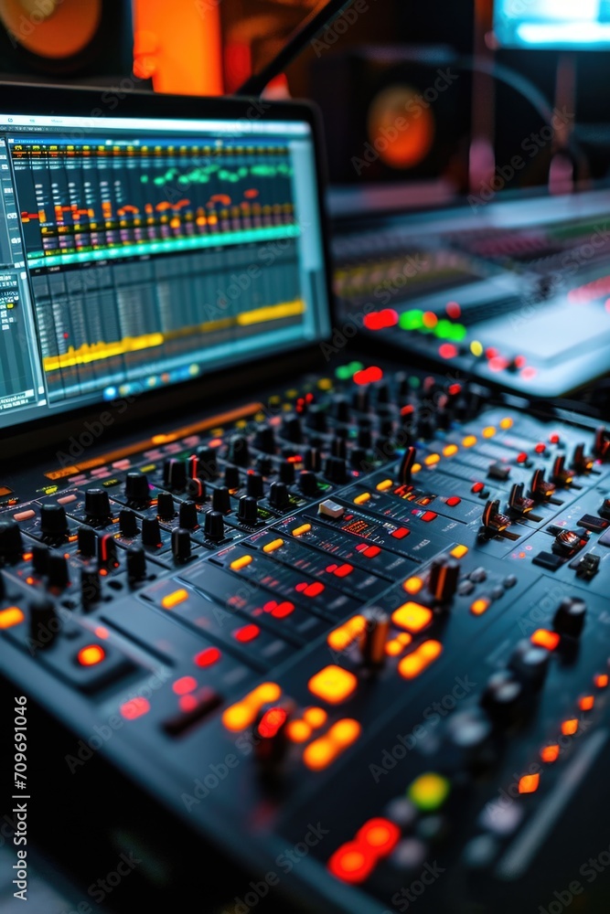 A laptop computer is placed on top of a mixing desk. This versatile image can be used to illustrate technology, music production, or a professional work environment