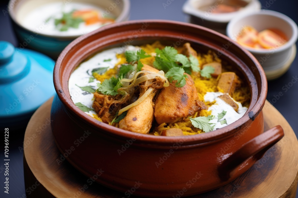 chicken biryani in a clay pot with yogurt sauce