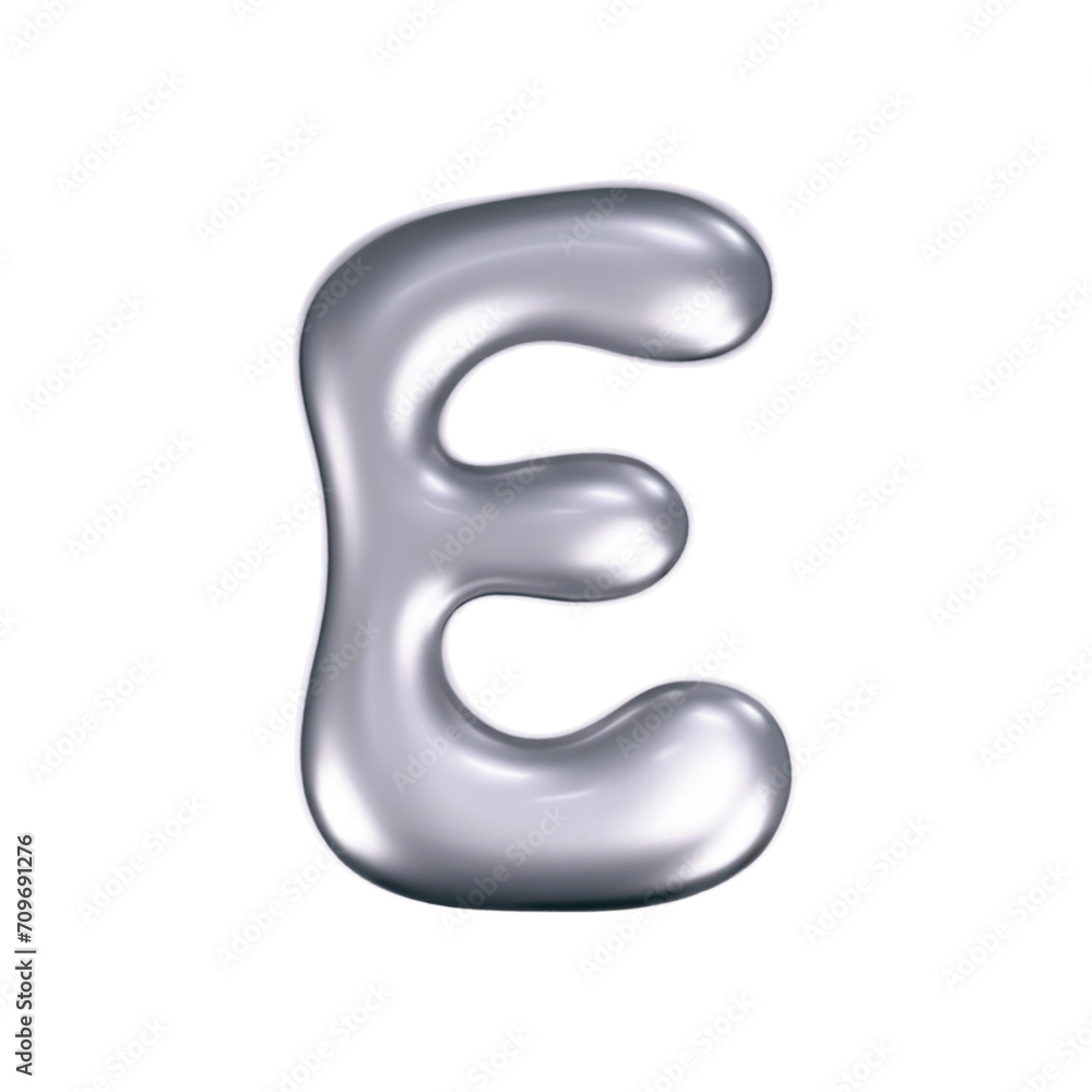 3d chrome liquid letter E in y2k style isolated. Render of 3d metal inflated bubble alphabet with glossy silver effect. 3d vector y2k typography letter 3d chrome liquid letter E in y2k style isolated. Render of 3d metal inflated bubble alphabet with glossy silver effect. 3d vector y2k typography letter