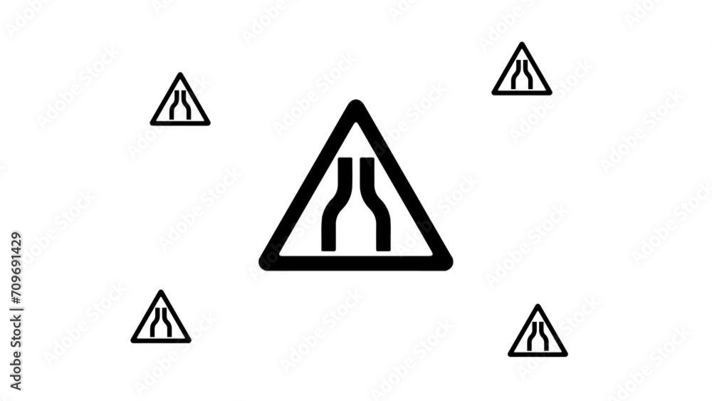 Zoom in and out animation the road narrowing symbol. Large black symbol in the center and four small symbols around. Seamless looped 4k animation on white background Zoom in and out animation the road narrowing symbol. Large black symbol in the center and four small symbols around. Seamless looped 4k animation on white background