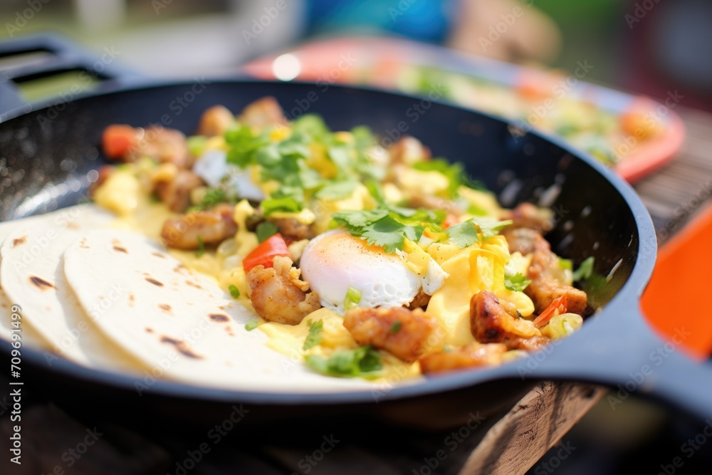 burrito in frying pan, eggs and sausage sizzling burrito in frying pan, eggs and sausage sizzling