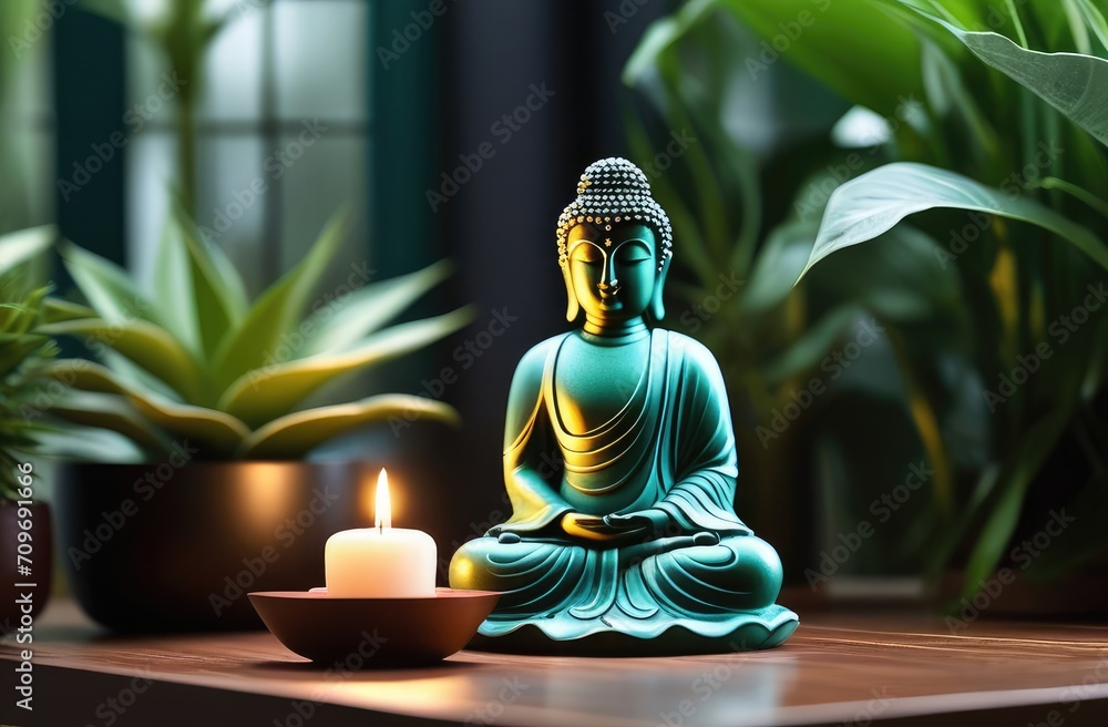 small buddha statue near window among candles and house plants. meditation and spirituality. small buddha statue near window among candles and house plants. meditation and spirituality.