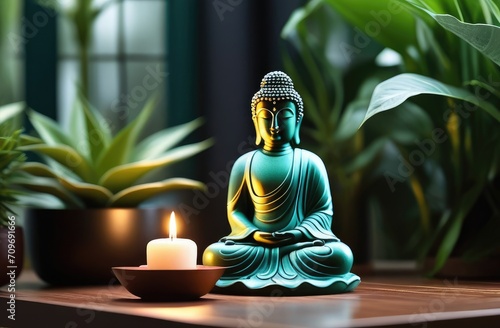 small buddha statue near window among candles and house plants. meditation and spirituality.