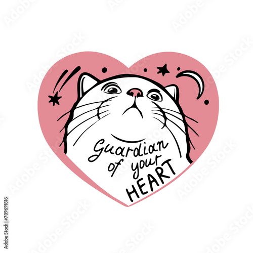 Heart shaped cat with moon and stars. Concept love and animals, pets. Lettering. Guardian of your heart. Vector illustration
