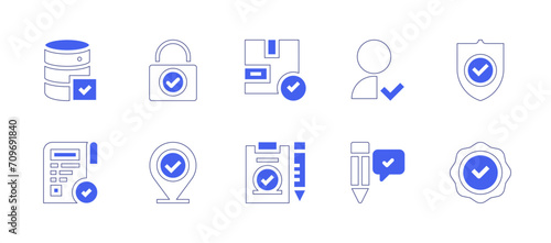Checkmark icon set. Duotone style line stroke and bold. Vector illustration. Containing security, done, user, agree, padlock, placeholder, database, delivery box, contract, immigration.