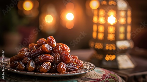 Dates placed on a decorative plate for suhoor, showcasing the pre-dawn meal during Ramadan