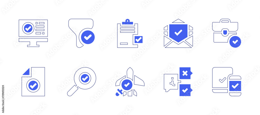 Checkmark icon set. Duotone style line stroke and bold. Vector illustration. Containing checkmark, check mark, document, analysis, filter, suitcase, search, responsive, email, information.