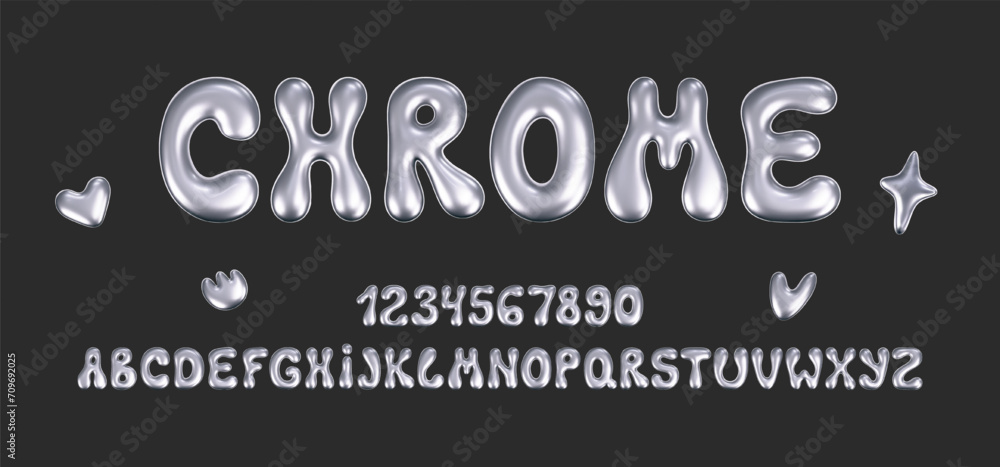 3d chrome liquid font in y2k style isolated on a dark background. Render of 3d metal inflated alphabet and numbers with glossy silver effect. 3d vector y2k typography letter. 3d chrome liquid font in y2k style isolated on a dark background. Render of 3d metal inflated alphabet and numbers with glossy silver effect. 3d vector y2k typography letter.