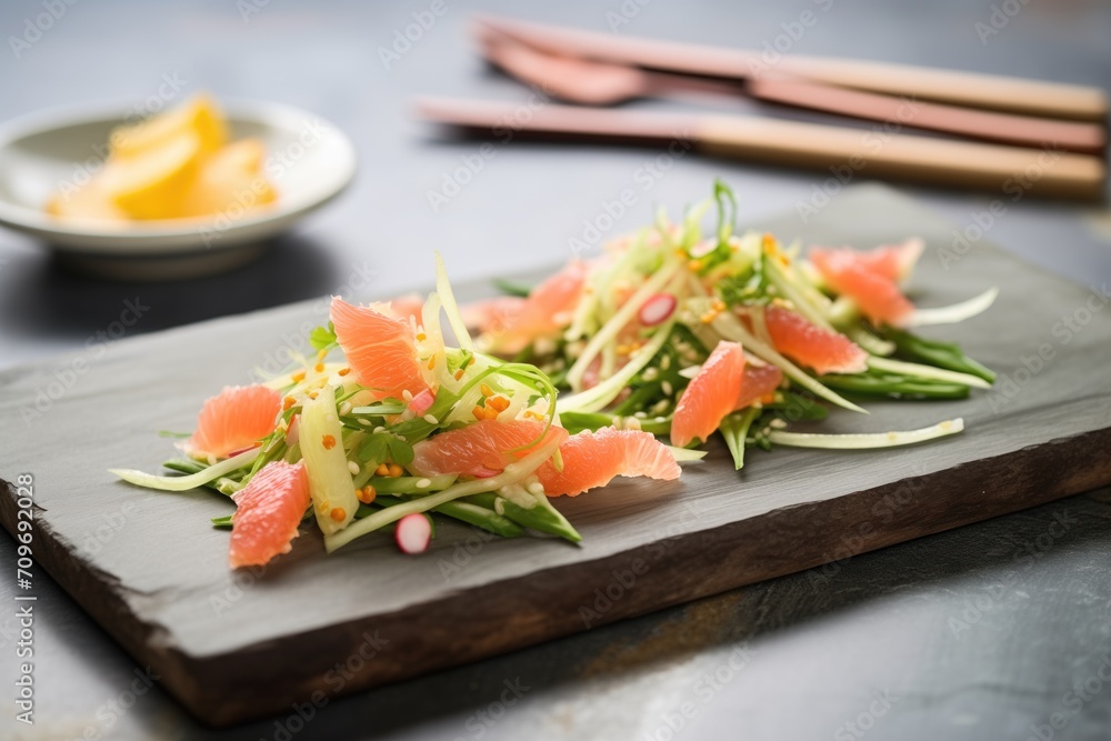 cactus salad with grapefruit segments on a slate board for a citrus twist