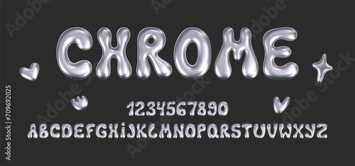 3d chrome liquid font in y2k style isolated on a dark background. Render of 3d metal inflated alphabet and numbers with glossy silver effect. 3d vector y2k typography letter. photo