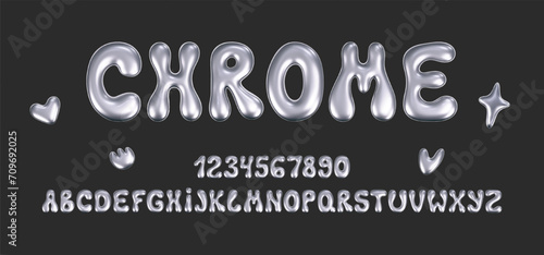 3d chrome liquid font in y2k style isolated on a dark background. Render of 3d metal inflated alphabet and numbers with glossy silver effect. 3d vector y2k typography letter.