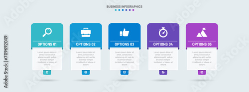 Timeline infographic with infochart. Modern presentation template with 5 spets for business process. Website template on white background for concept modern design. Horizontal layout.