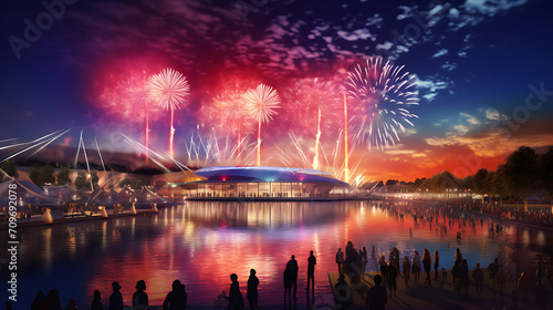  a dynamic display of Canadian-themed fireworks lighting up the night sky, capturing the essence of celebration on Canada Day 2024