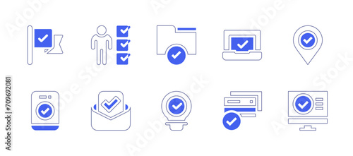 Checkmark icon set. Duotone style line stroke and bold. Vector illustration. Containing tick, idea, checklist, placeholder, email, computer, laptop, credit card. © Huticon