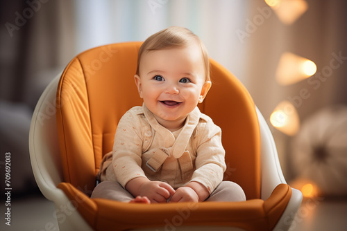 Children toddler in baby chair smiling and laughing. Cute 6 months toddler photo in light interior. Bright solid clothes. Happy baby, good eating. Baby care, happy parenting. Earle development. photo