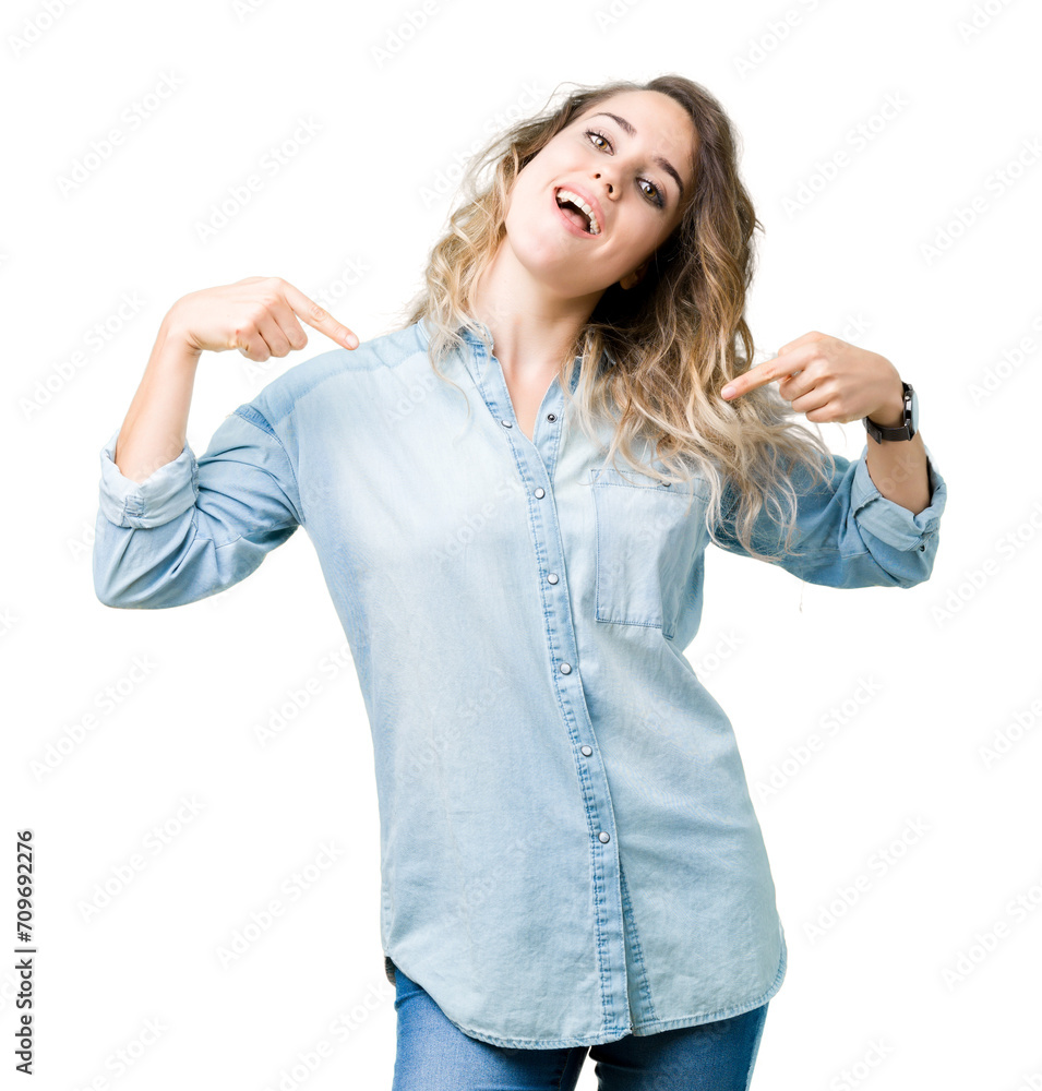 Beautiful young blonde woman over isolated background looking confident with smile on face, pointing oneself with fingers proud and happy.