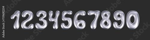 3d chrome liquid font in y2k style isolated on a dark background. Render of 3d metal inflated numbers with glossy silver effect. 3d vector y2k typography number.