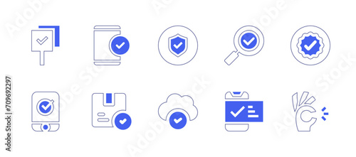 Checkmark icon set. Duotone style line stroke and bold. Vector illustration. Containing verified, okay, checked, order, acceptance, protection, electronic vote, approve, delivered.
