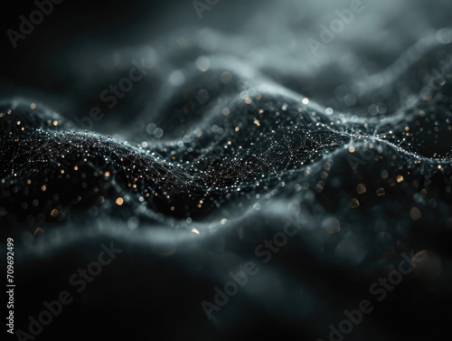 Abstract black background with wavy textures with small blurred dots.