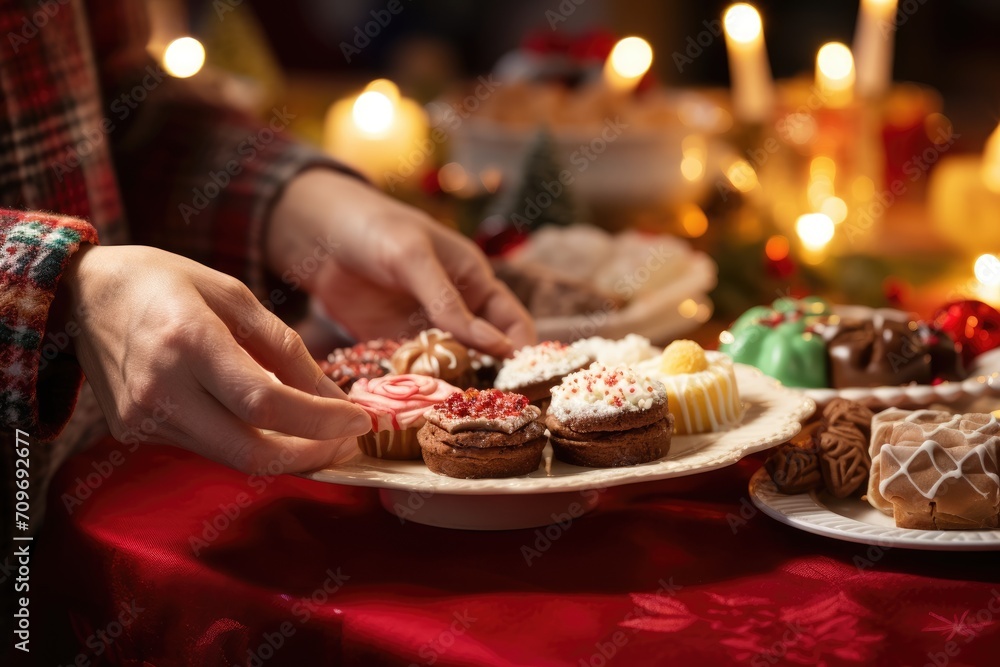 A close-up of a person's hand arranging a plate of assorted holiday desserts.