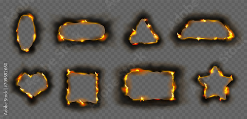 Burning paper borders with fire, isolated geometric shapes with flame sheet. Vector ripped frames with torn pieces. Geometry triangle and rectangle, circle and oval, star and heart form