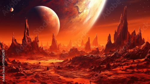 Alien Landscape With Planets and Stars in the Sky photo