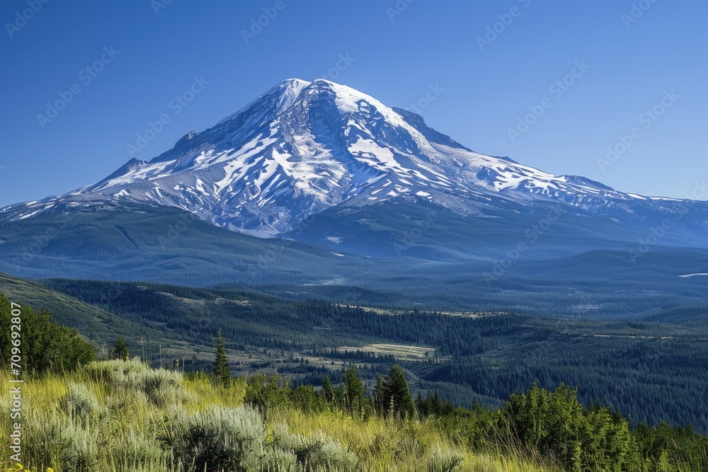 Fototapeta premium A picture of a mountain with a snow capped peak in the distance. This image can be used to depict scenic landscapes or adventure destinations