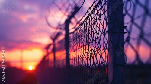 A chain link fence with a beautiful sunset in the background. Perfect for illustrating concepts of boundaries, freedom, or urban landscapes