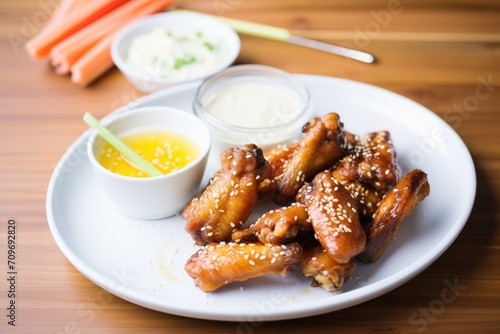 honey-glazed wings on a plate with dipping sauce