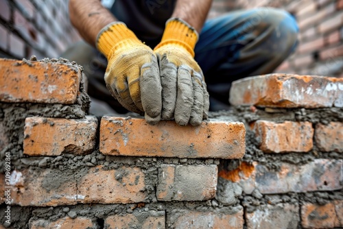 A bricklayer places bricks on building. Generative Ai.