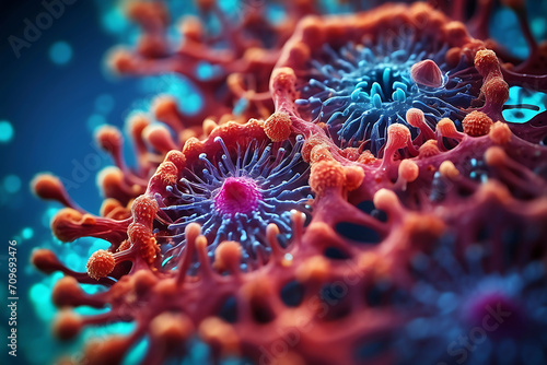 Bacteria and cells under microscope in the laboratory, coronavirus close-up view © Design_Stock