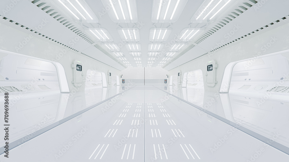 Science lab or sci-fi corridor white color. Science elements and innovation background. 3D Render.