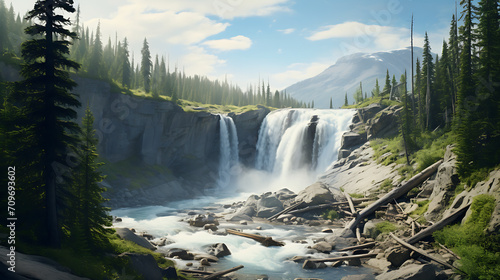 a dynamic shot of a waterfall in a Canadian national park, incorporating the beauty of nature into a Canada Day 2024 card with realistic HD detail