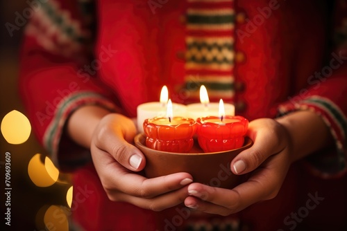 A close-up of a person's hand lighting candles on a decorative advent wreath.