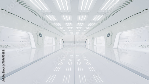 Science lab or sci-fi corridor white color. Science elements and innovation background. 3D Render.