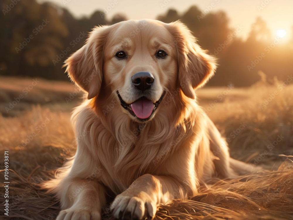 golden retriever dog portrait in golden hour, national puppy day