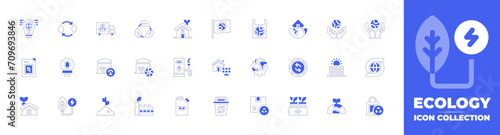 Ecology icon set. Duotone style line stroke and bold. Vector illustration. Containing eco energy, eco fuel, eco house, eco product, energy, light, flag, bag, solar cell, global warming, bin, recycling