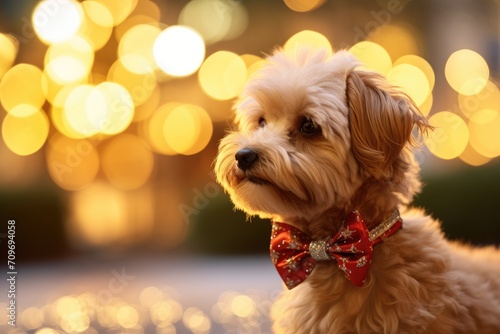 Placing a festive bow on a pet's collar, surrounded.