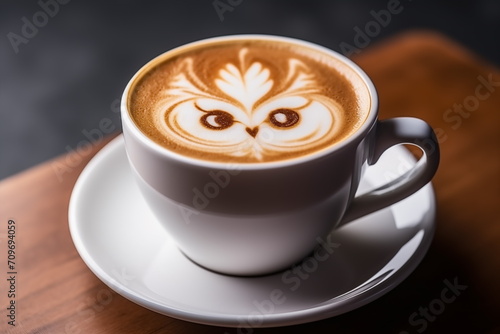 Close up shot of hot latte coffee with owl latte art in a ceramic white cup, isolated on white background, Generated AI
