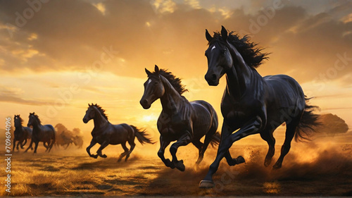 horse running in the sunset (golden hour), silhouette 
