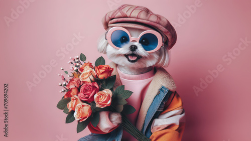 Cute funny dog holding with bouquet of roses in Valentines day concept.