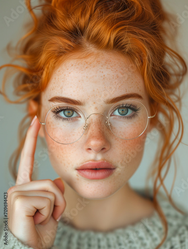 Beautiful red-haired girl with a hand gesture adjusts her glasses