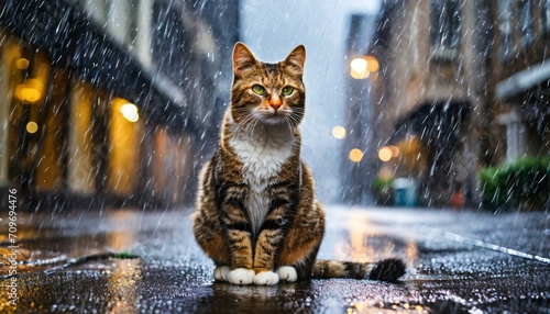  a mysterious cat elegantly sitting amidst the city streets during a rain shower. Convey a sense of enigma and curiosity through the atmospheric setting