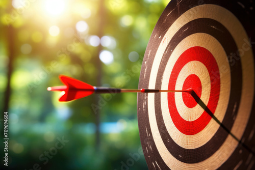 Arrow striking the bullseye on an archery target, backlit by sunlight. photo