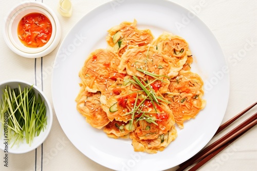 a neatly arranged plate with korean kimchi pancakes
