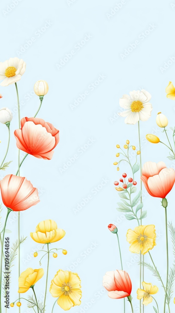 Fototapeta premium A vibrant collection of spring flowers on a crisp blue background