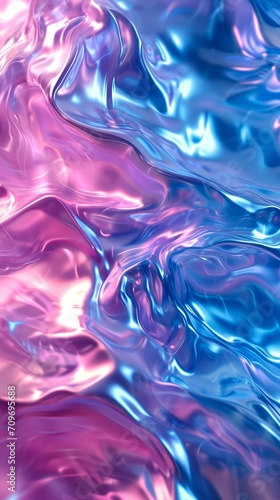 Abstract vibrant texture of wavy foil with interplaying pink and blue hues creating a liquid metal look