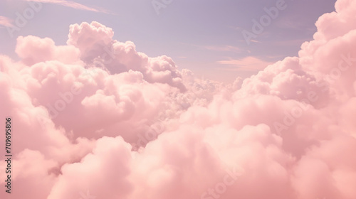 Dreamlike sky filled with fluffy pastel pink clouds, serene and whimsical atmosphere.