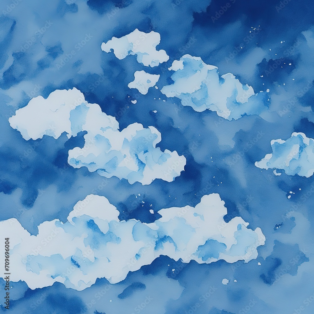Watercolor. Blue fog and white clouds